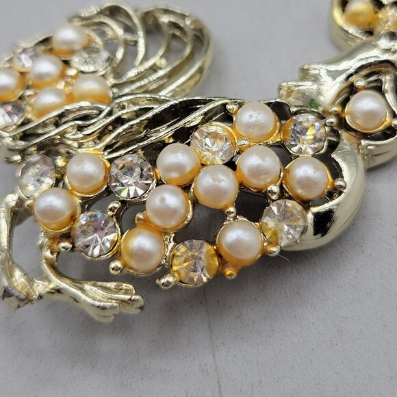 Vintage Rooster Faux Pearl Rhinestone Brooch Gold Tone Pin Costume Jewelry - Picture 3 of 4